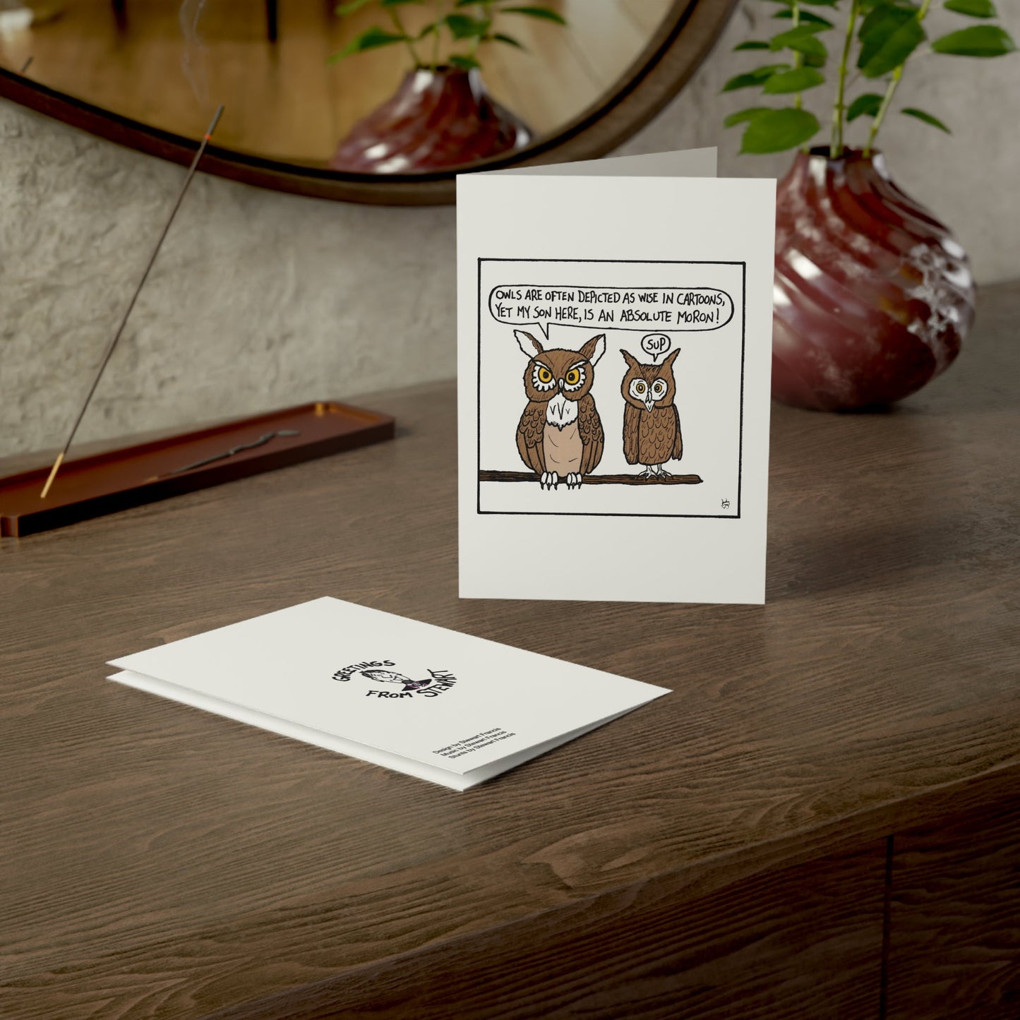 Owls greeting card back cover Greetings from Stewart