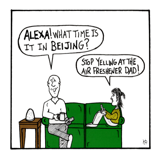 Alexa funny father's day greeting card front design by comedian Stewart Francis
