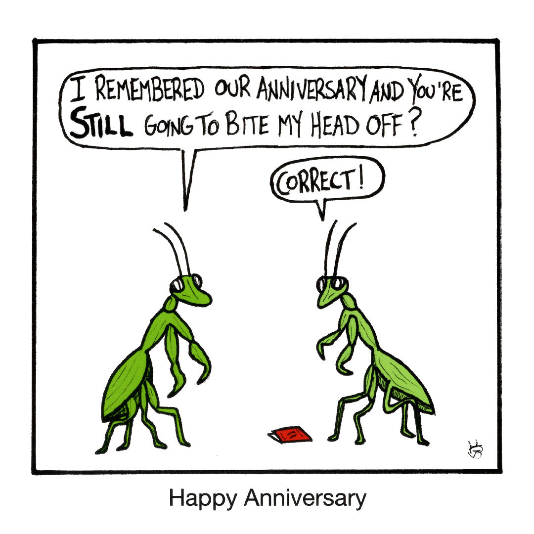 Anniversary - Mantis funny anniversary greeting card front design by comedian Stewart Francis